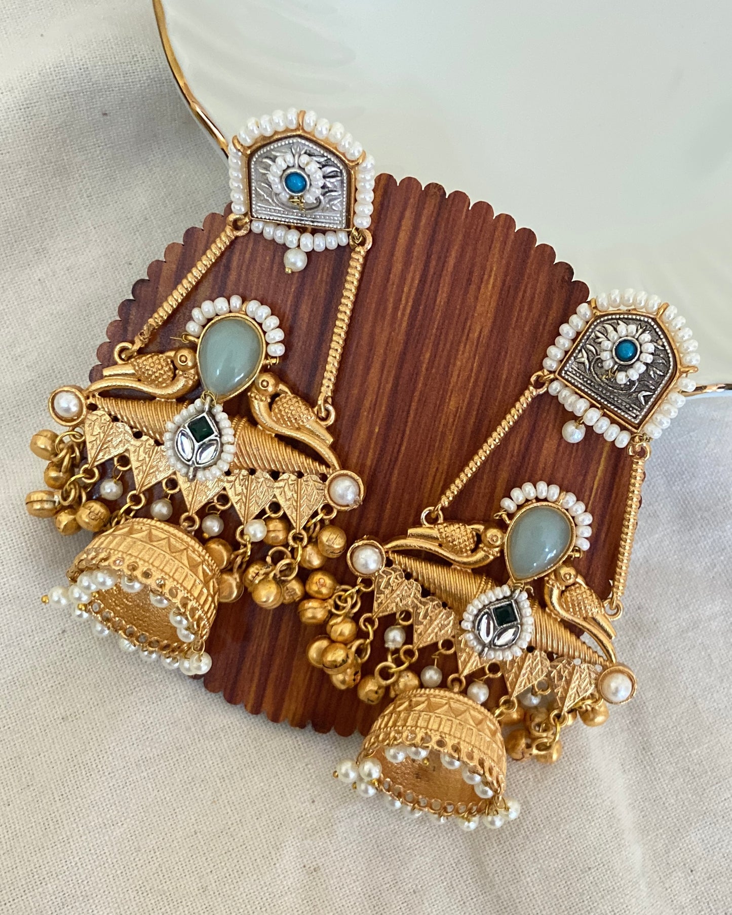 Pista Peacock Kundan Jhumkas
