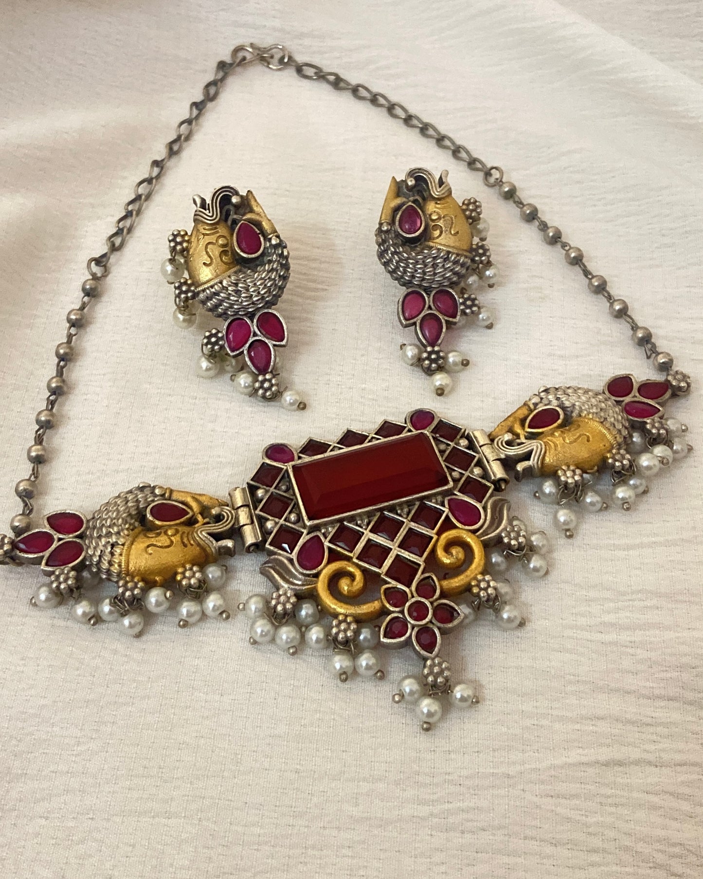 Silver & gold Ruby Fish Pearl Choker Set
