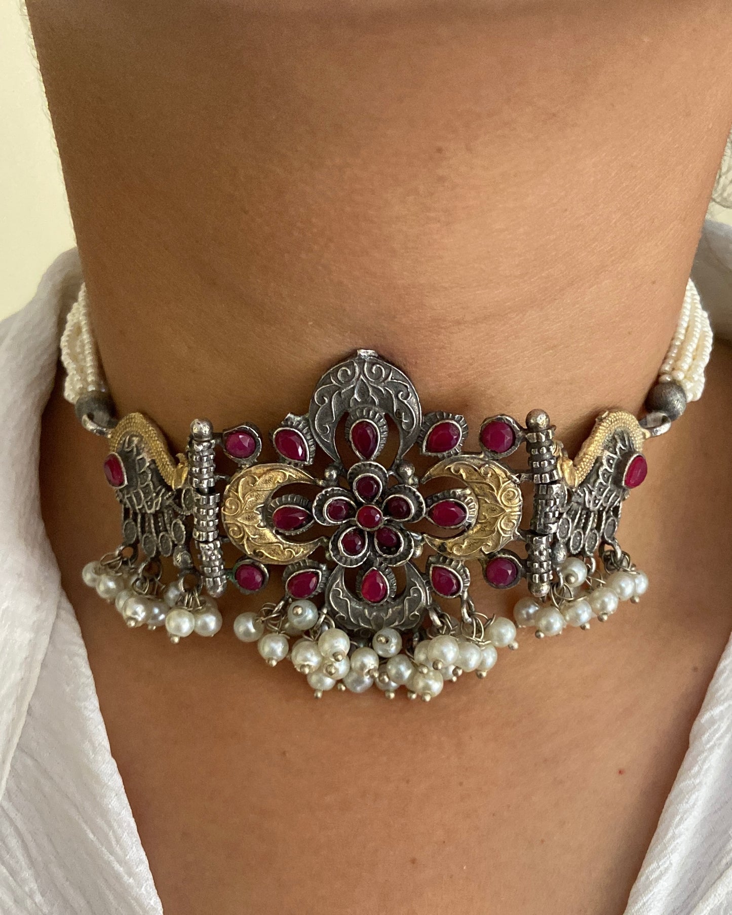 Silver & Gold Flower Pearl Choker Set
