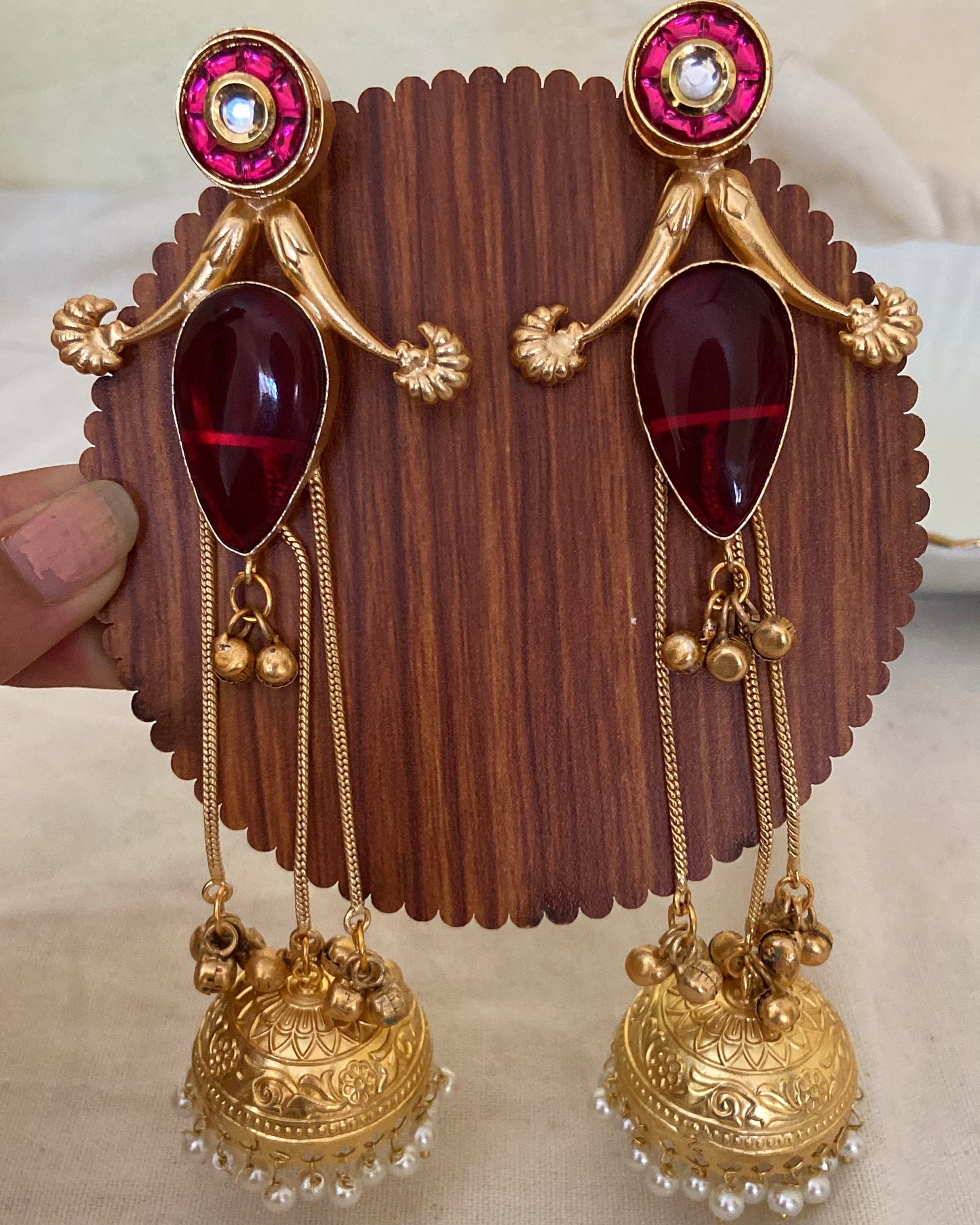 Kashmiri Drop Earrings Jhumka (Red)