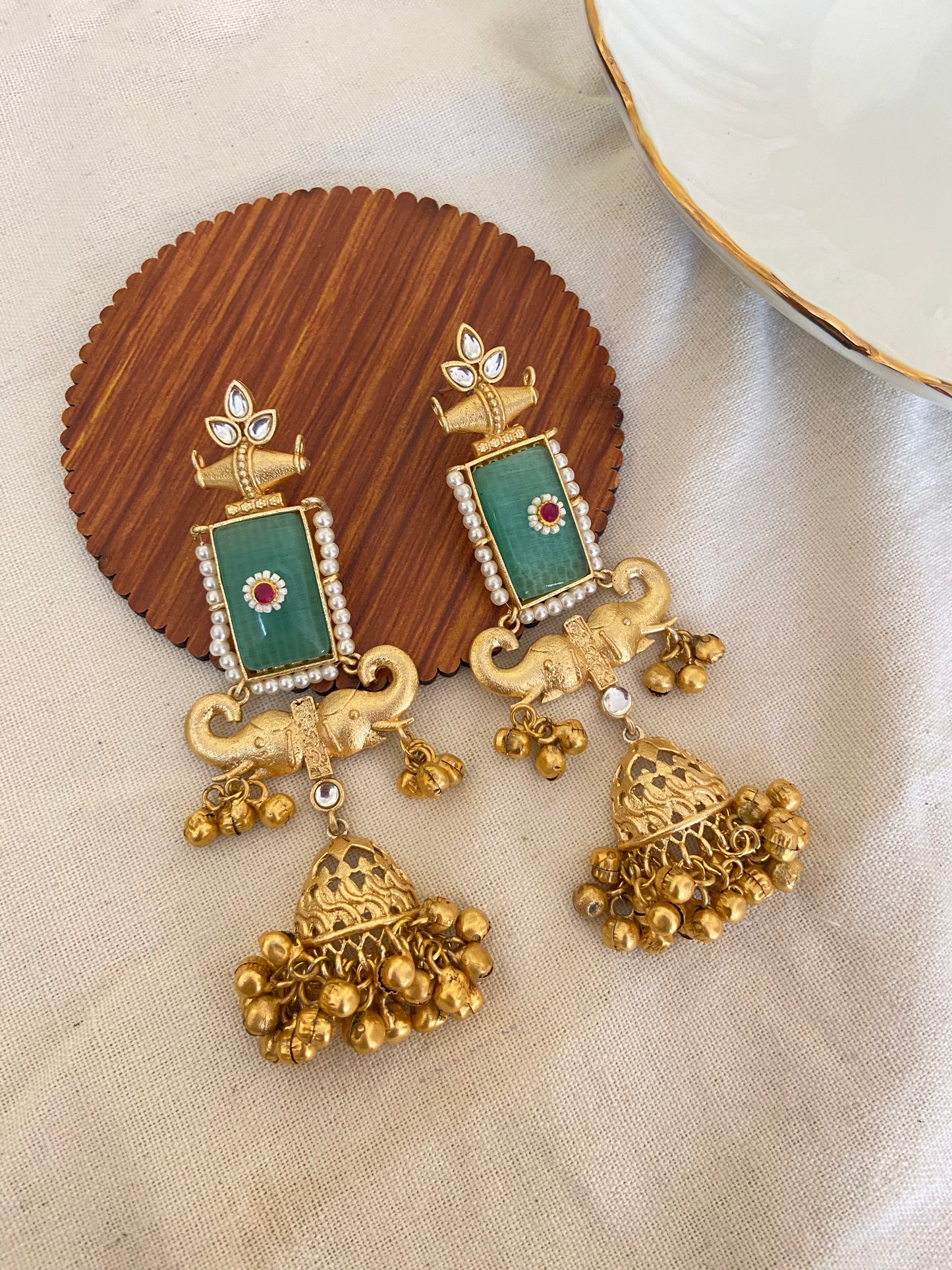 Matte Elephanta motif Kundan Jhumkas