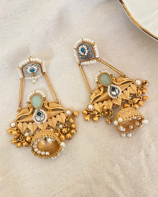 Pista Peacock  Kundan Jhumkas