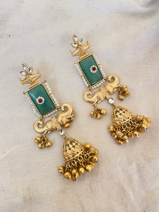Matte Elephanta motif Kundan Jhumkas