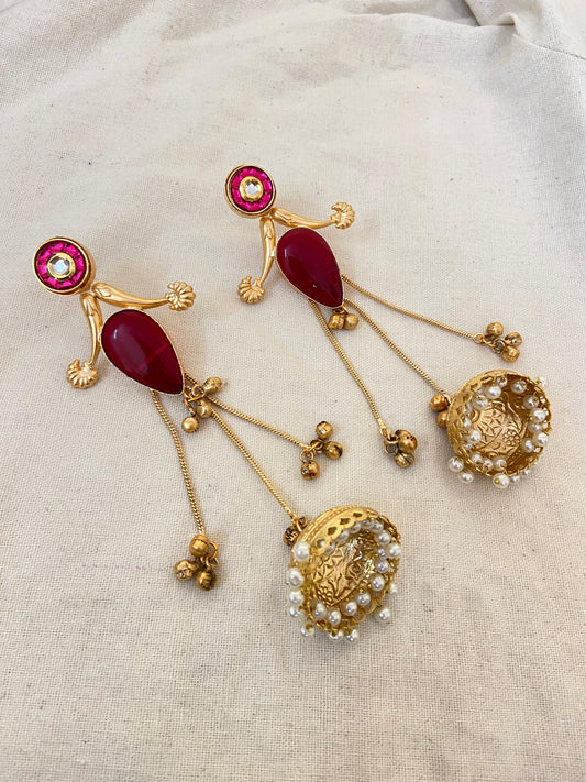 Kashmiri Drop Earrings Jhumka (Red)