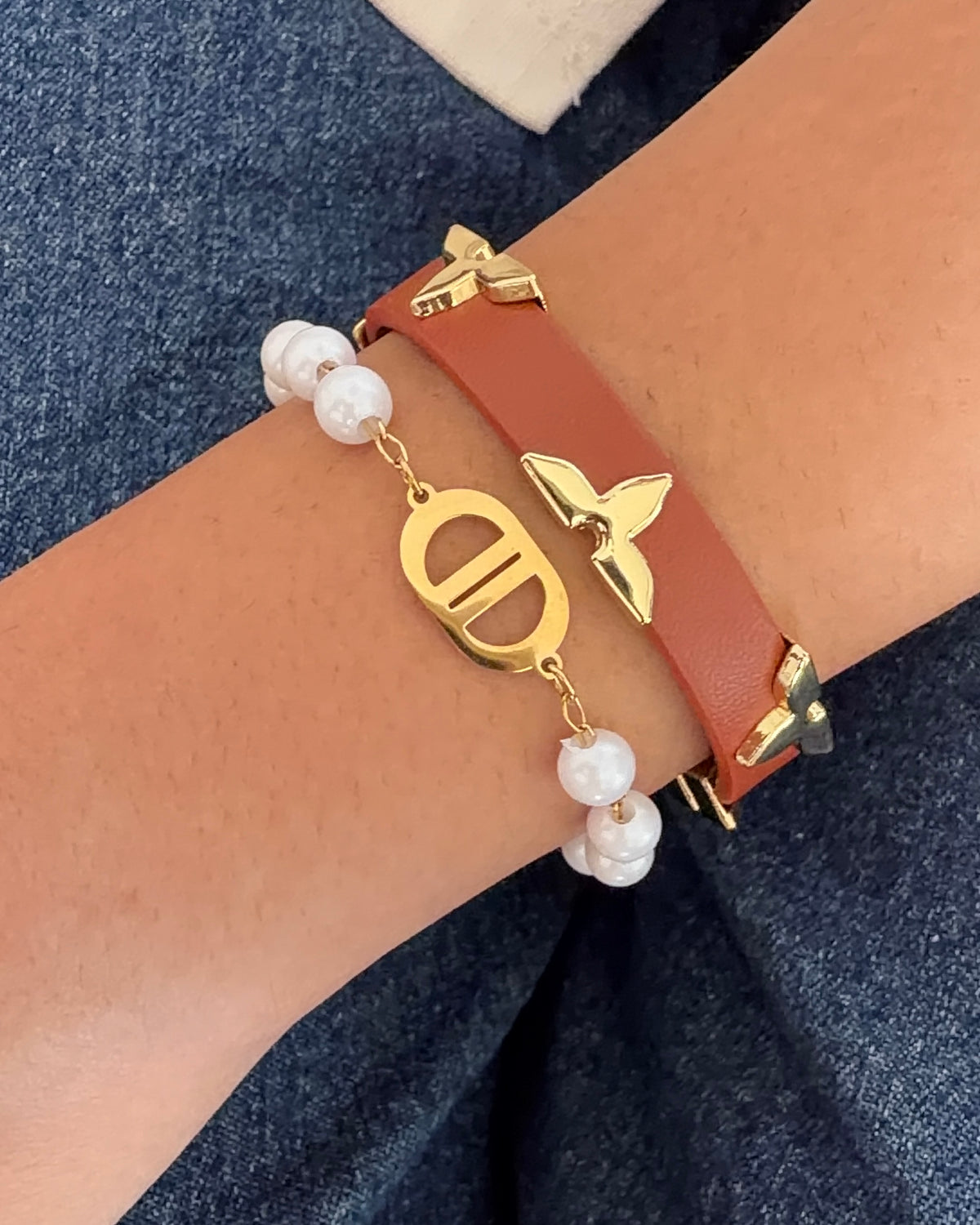 Lv & Pearl Link Bracelet Stack (Set of 2)