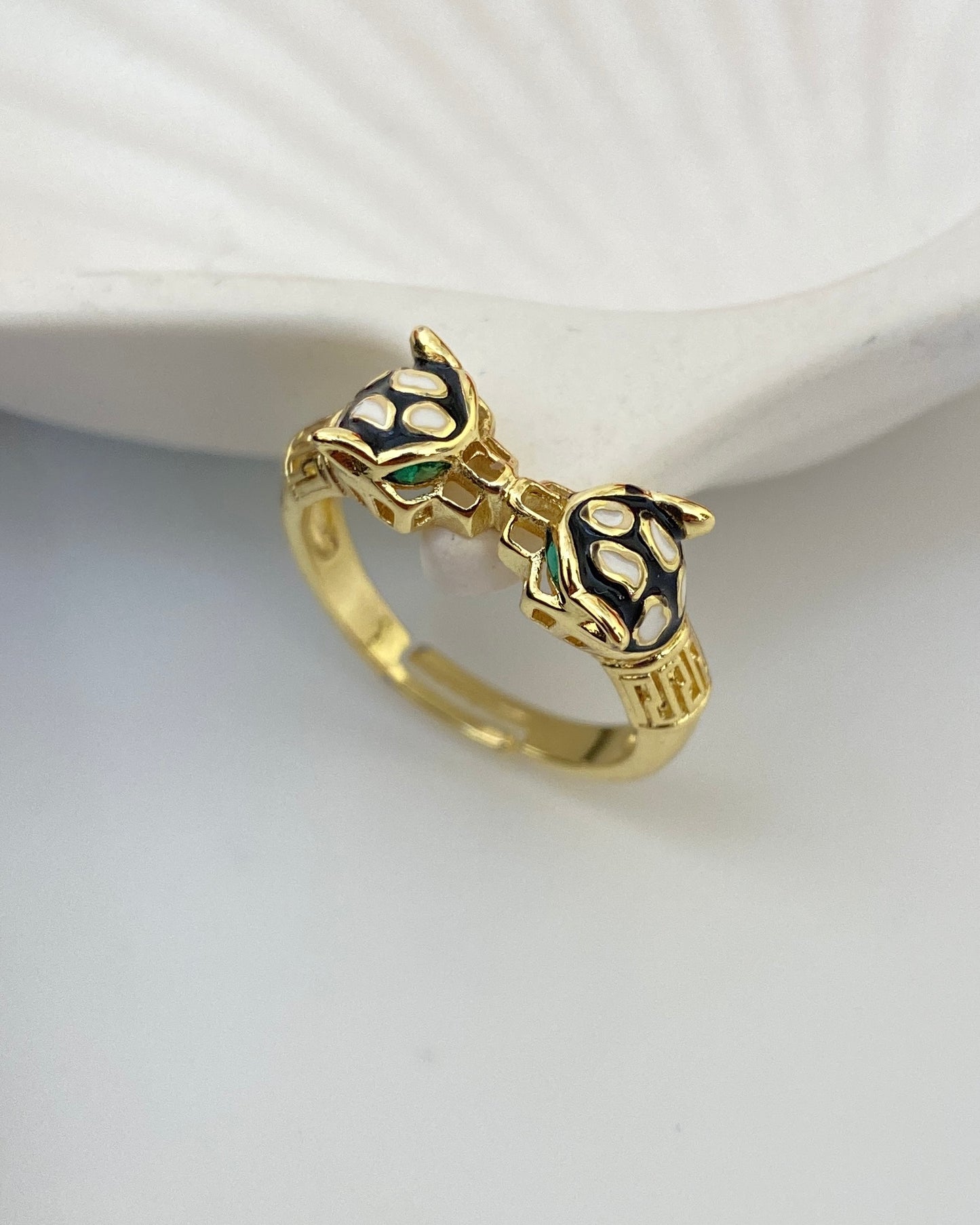 18K Yellow Gold Plated White & Green Crystal Jabari Cheetah Ring