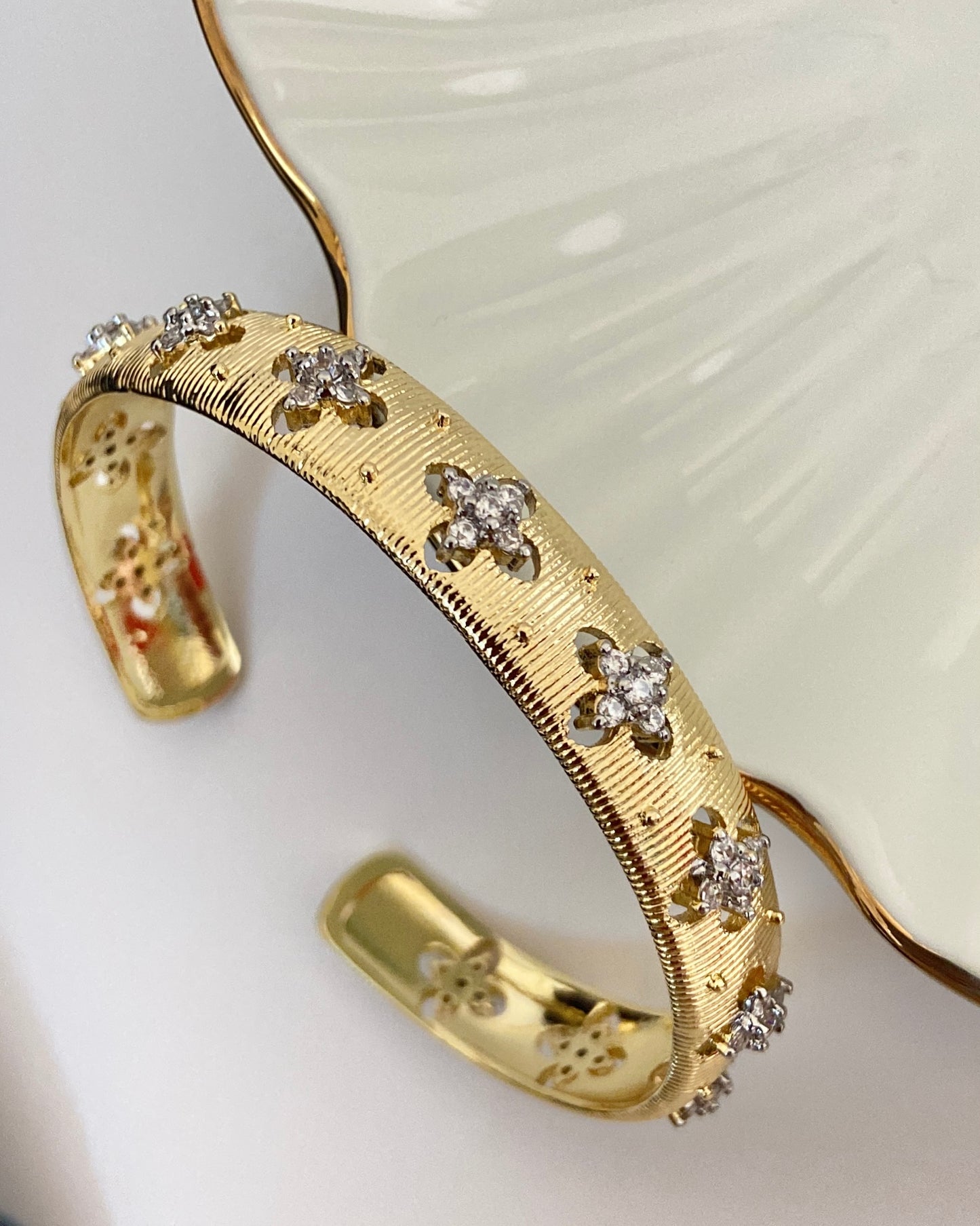 Diamond-Studded Clover Cuff Bracelet-Broad