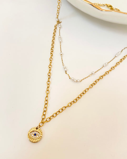 Double Layered Pearl Eye Necklace
