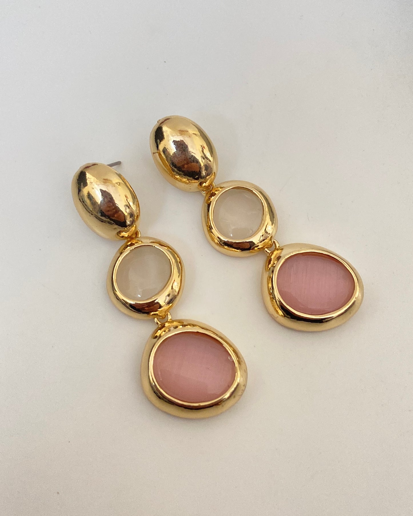 Triple Gemstone Pink Chalcedony Drop Earrings
