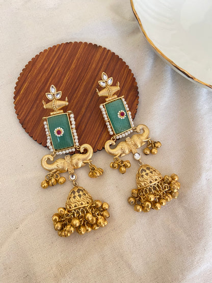 Matte Elephanta motif Kundan Jhumkas