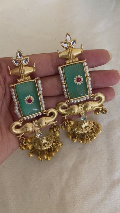 Matte Elephanta motif Kundan Jhumkas