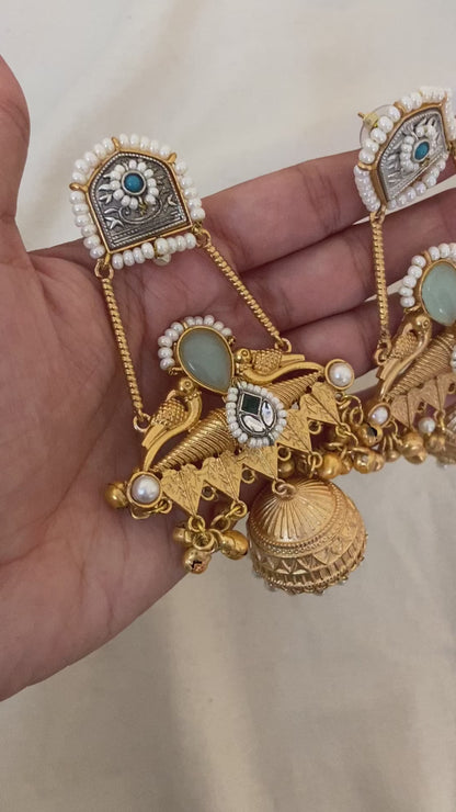 Pista Peacock  Kundan Jhumkas