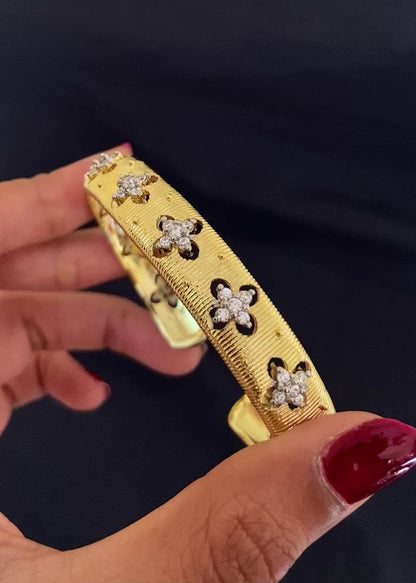 Diamond-Studded Clover Cuff Bracelet-Broad