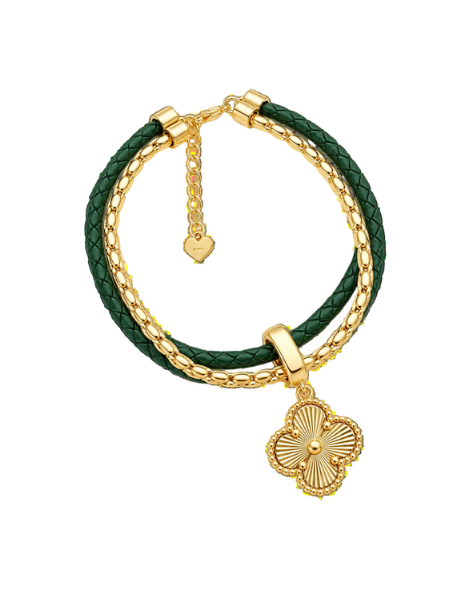 Layered Leaf Clover Charm Bracelet- Green