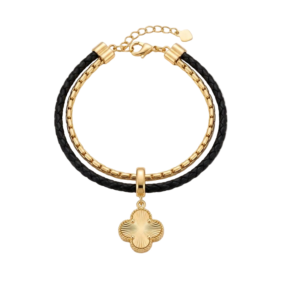 Layered Leaf Clover Charm Bracelet- Black