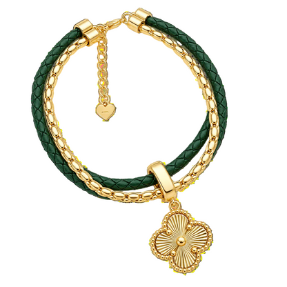 Layered Leaf Clover Charm Bracelet- Green