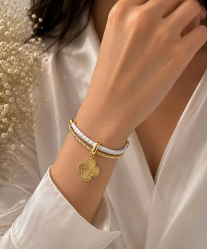 Layered Leaf Clover Charm Bracelet- White