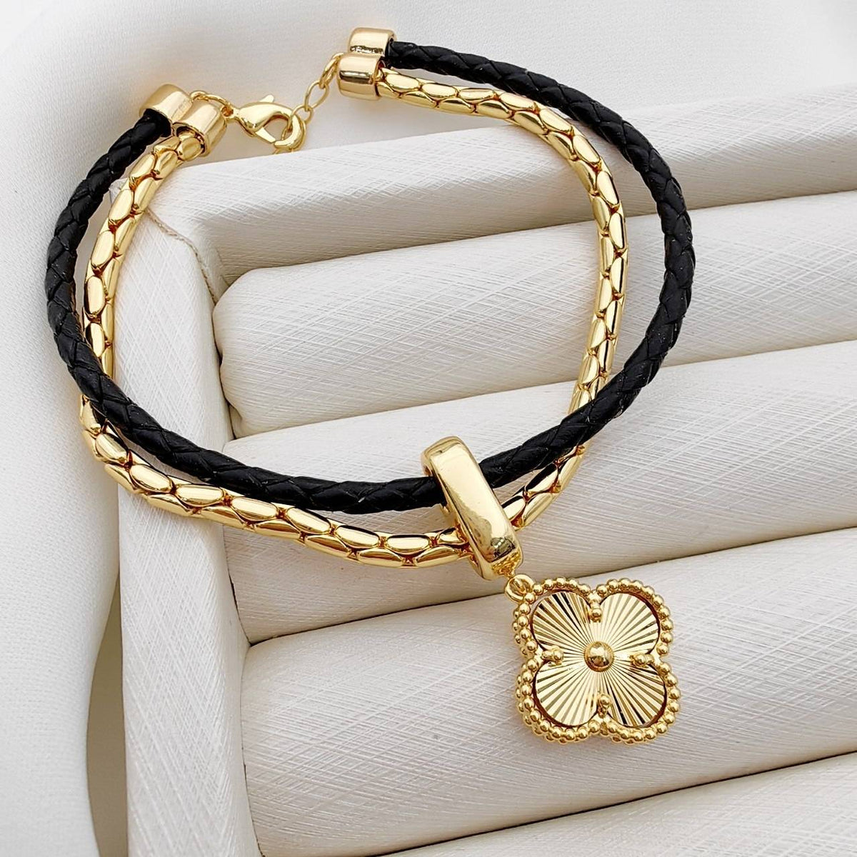 Layered Leaf Clover Charm Bracelet- Black