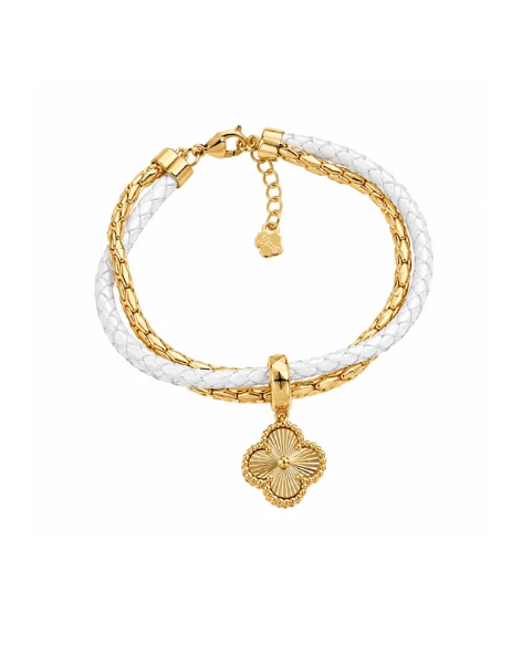 Layered Leaf Clover Charm Bracelet- White