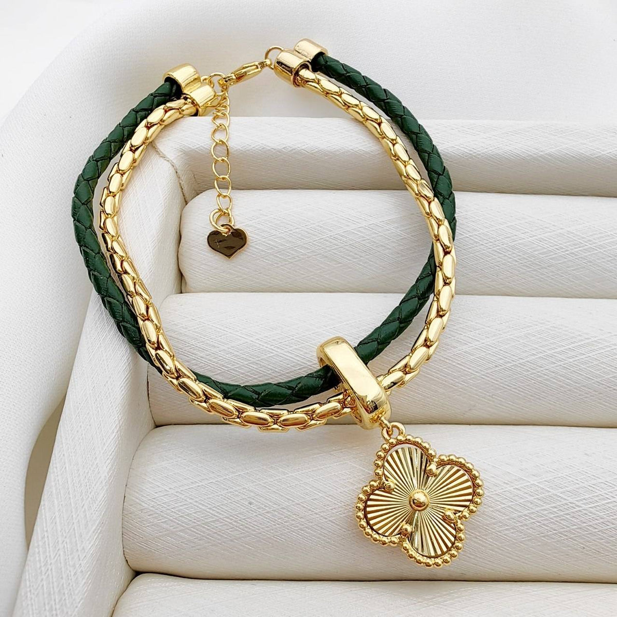 Layered Leaf Clover Charm Bracelet- Green