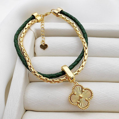 Layered Leaf Clover Charm Bracelet- Green